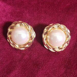 Vintage Faux Pearl Domed Gold Tone Stud Earrings